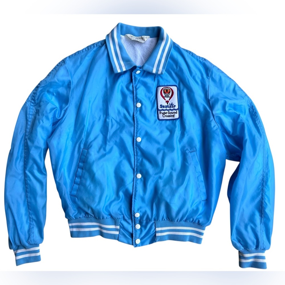VTG 80s 90s Seafair Light Blue Hot Air Balloon L Satin Jacket USA-Union Made